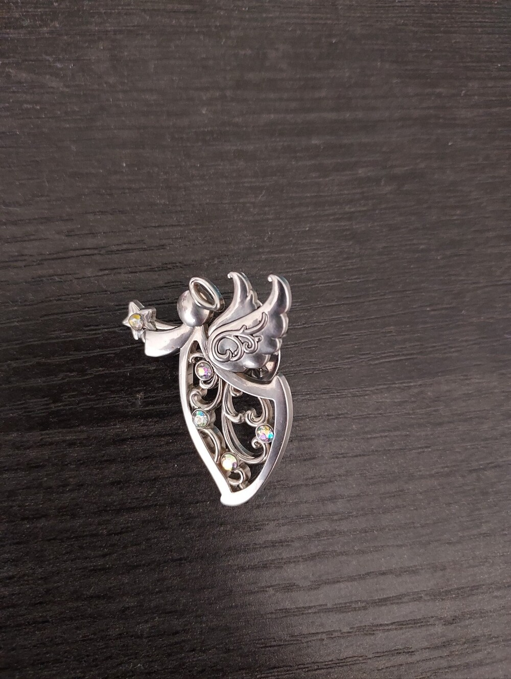 Silver Angel Wing Brooch with Iridescent Stones
